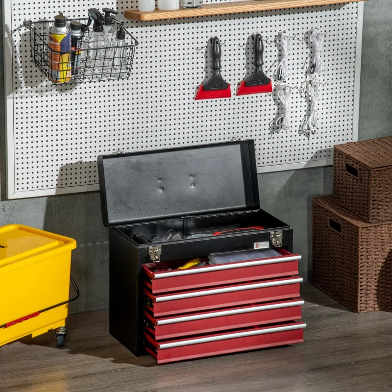 Boîte à outils métallique 51x22x39,5cm avec 4 tiroirs et plateau supérieur, coffret à outils en acier robuste pour rangement d'atelier, garage, bricolage, organisateur d'outils durable avec grande capacité, mallette de rangement professionnelle noire
