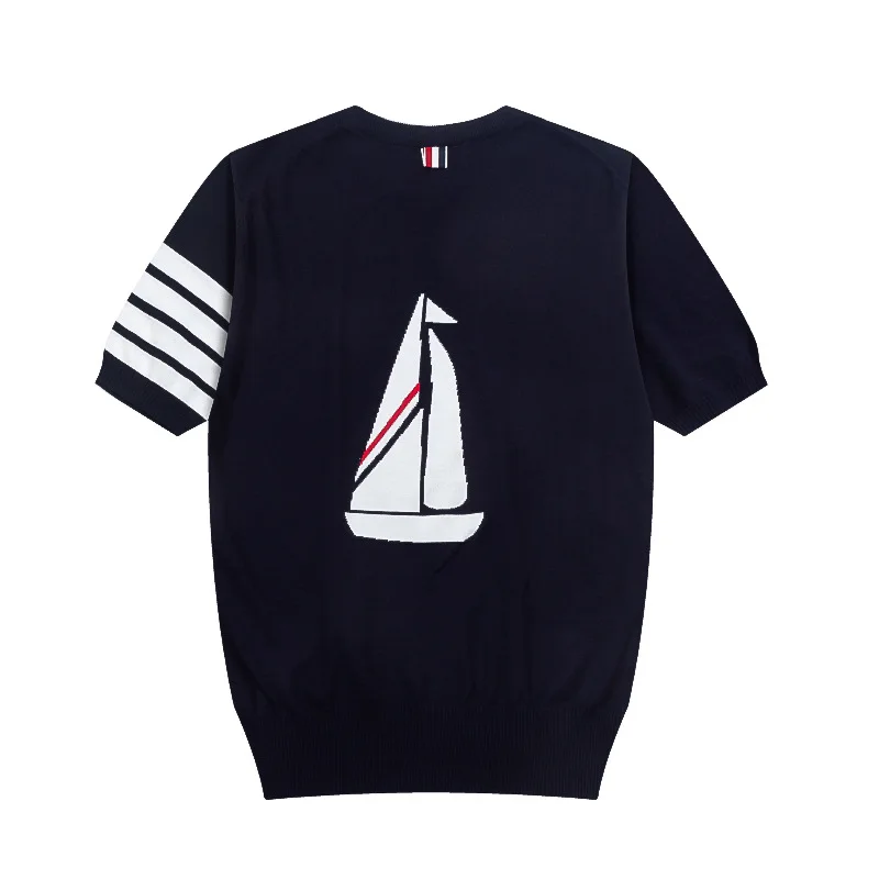 

Новая летняя футболка из ледяного шелка с круглым вырезом, вязаная, с коротким рукавом, модная повседневная, с принтом в виде парусников, облегающая.