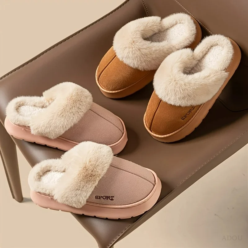 Winter Warm Sports Fluffy Slippers Women Thick Sole Non Slip Plush House Shoes Woman Fashion Faux Fur Platform Indoor Slippers image 3