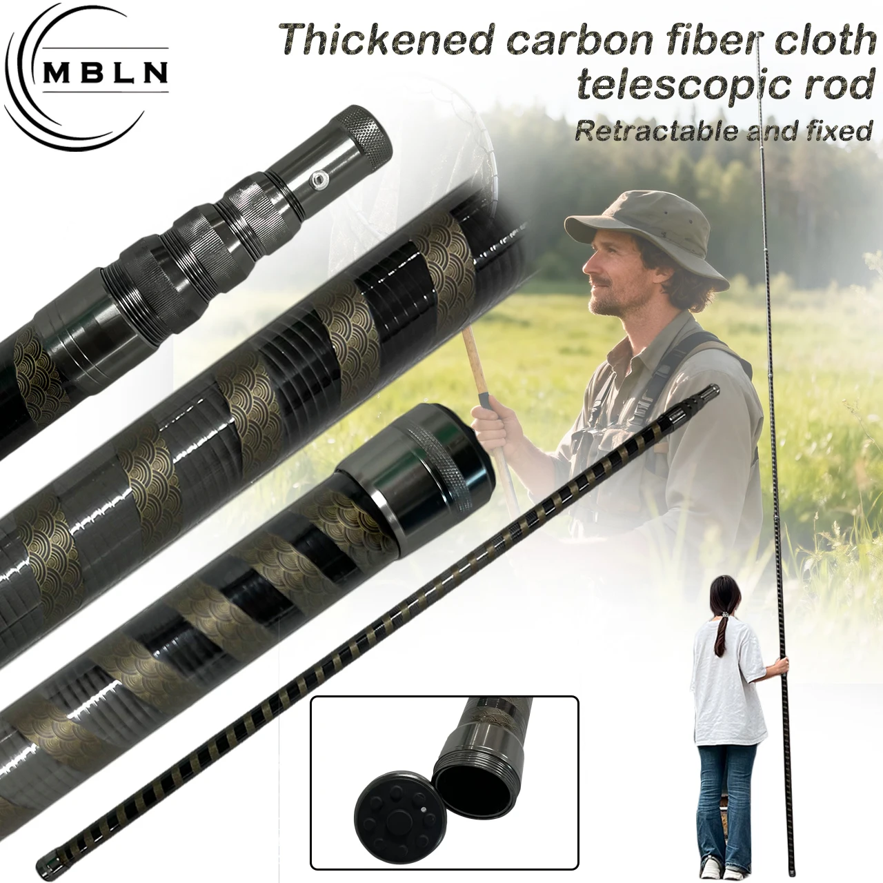1pc MBLN Extra Long Shore Fishing Net Pole, High-Density Carbon Fiber, Lightweight & Durable, Metal Lock, Thickened Design