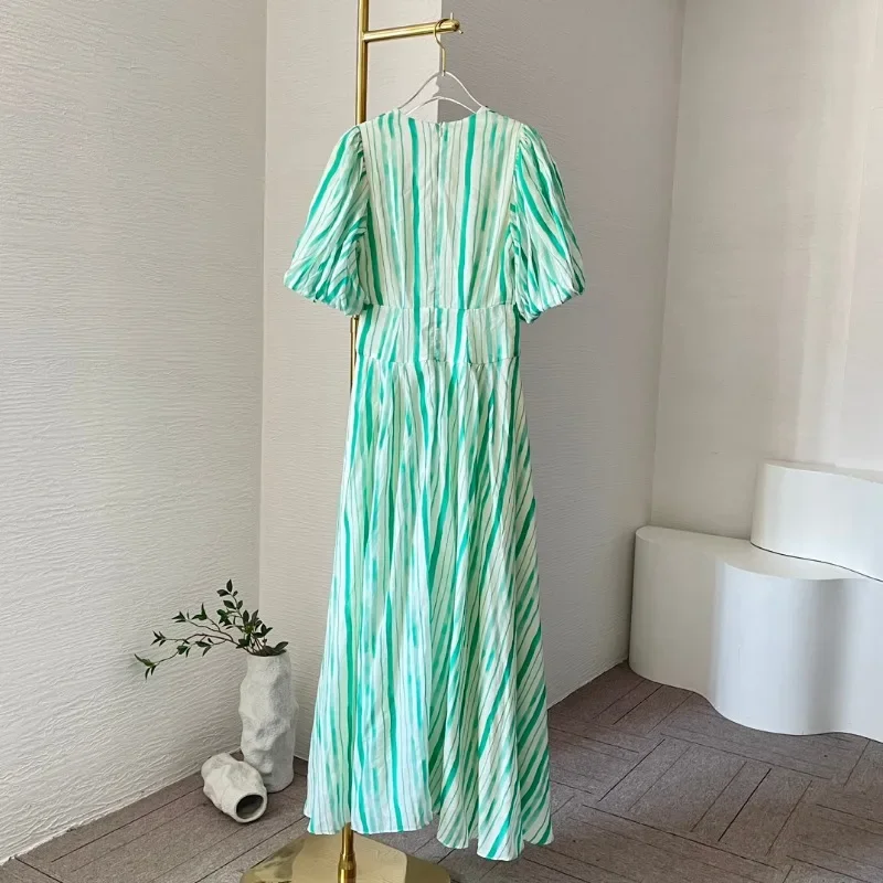 2024 New Arrival Summer Fashion Green White Color Striped Short Sleeve Deep V Neck Midi Dress for High Quality