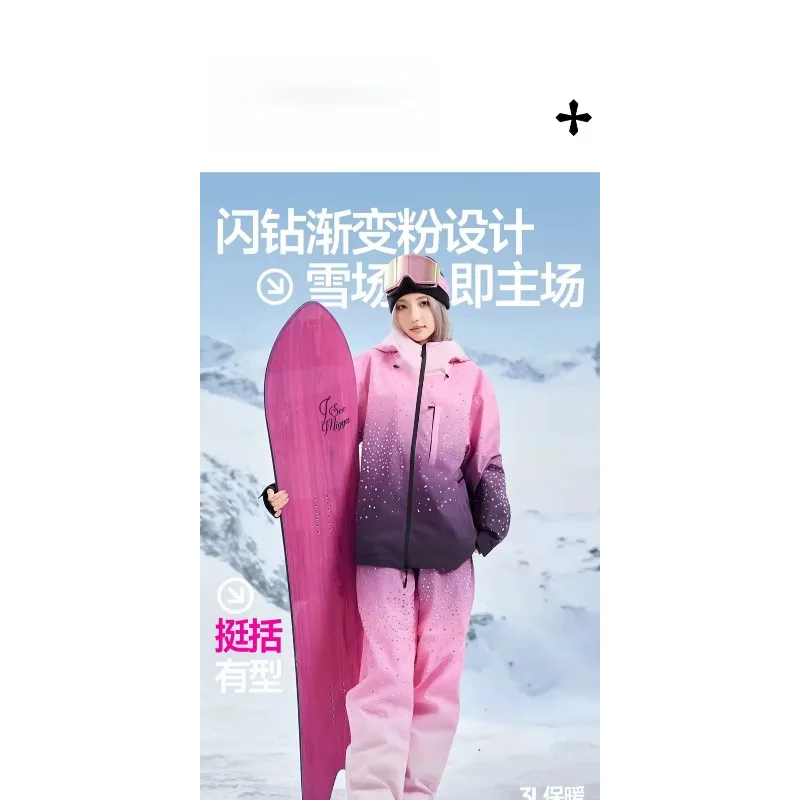 Unisex Gradient Rhinestone-Embellished Ski Suit Set, Waterproof Windproof Insulated Jacket & Bib Pants view 6