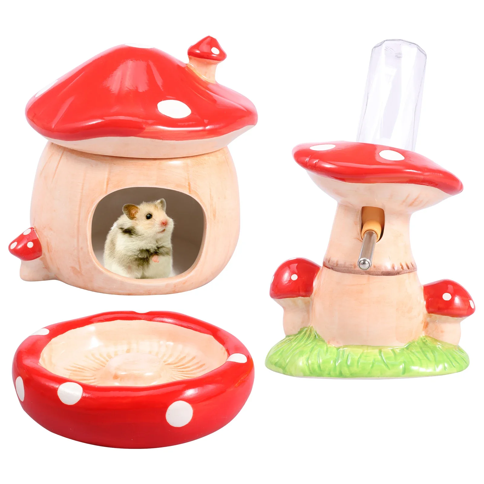 

Набор для хомяков: керамическое укрытие в форме гриба, миска для еды и поилка с подставкой, идеально подходит для сирийских хомяков.