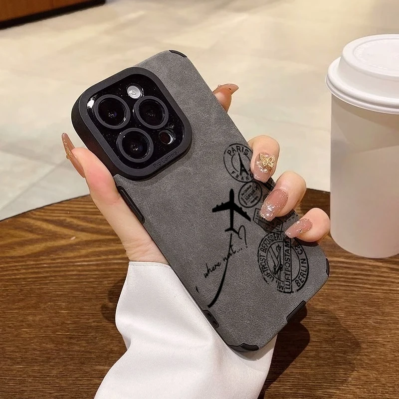 Travel Stamp Airplane Pattern Phone Case for iPhone 11 12 13 14 15 16 17 Pro Max Air XR X XS 7 8 Plus SE 2022 Protective Cover