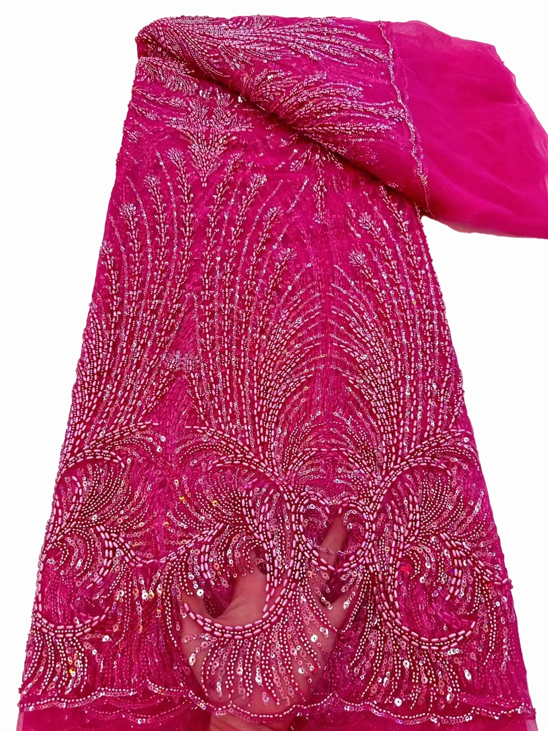 

New listed African high-end lace mesh sequin bead fabric, full rice bead embroidered wedding dress fabric 5 yards