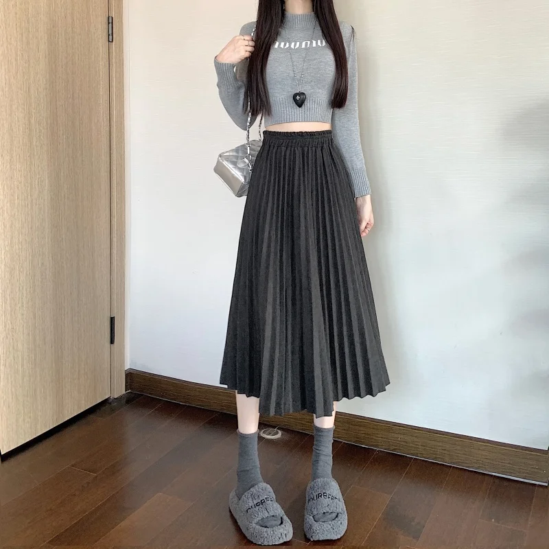 

Шерстяная юбка Deep ey Thi, А-силуэт, миди, осень-зима, с высокой талией, стройнящая, универсальная, драпированная, из полиэфирного волокна