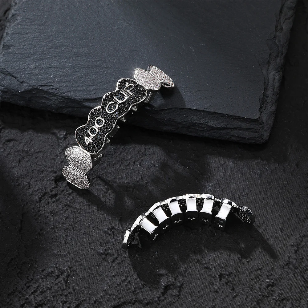 Hip Hop Full Bling CZ Teeth Grillz Caps Brass Cubic Zircon Iced Out Charm Grills For Men Women Jewelry Xmas Gift