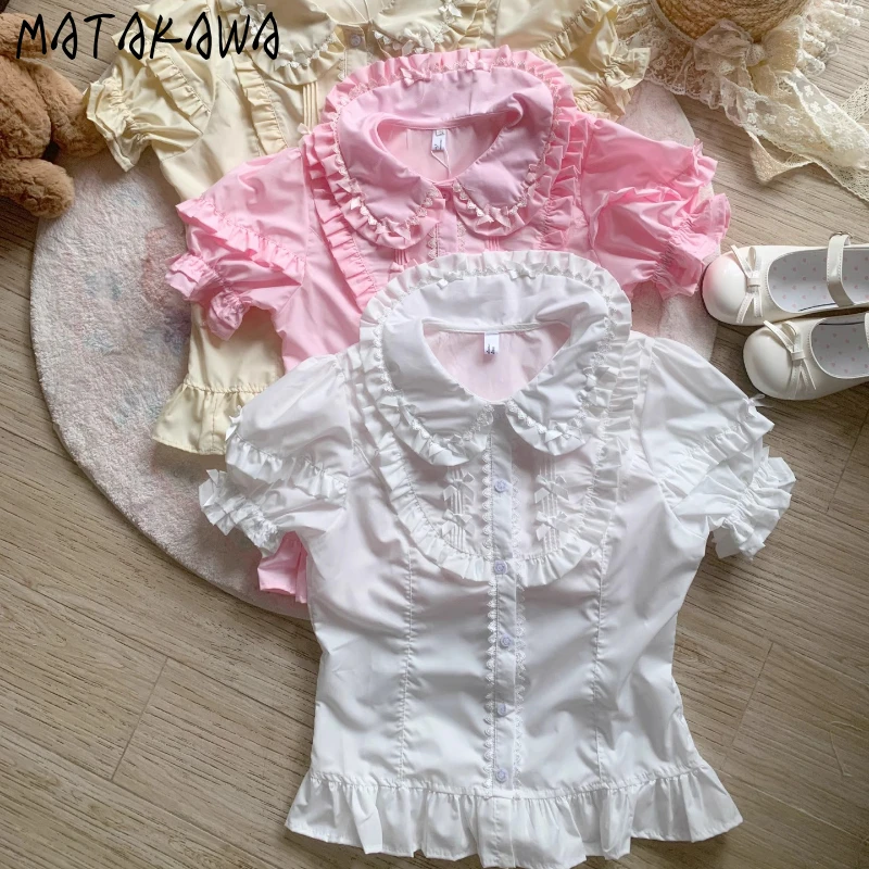 

Matakawa Women Shirts&blouses Cute Spring Summer Peter Pan Collar Cute Blusas Mujer Japanese Style Ruffles Elegant Camisas
