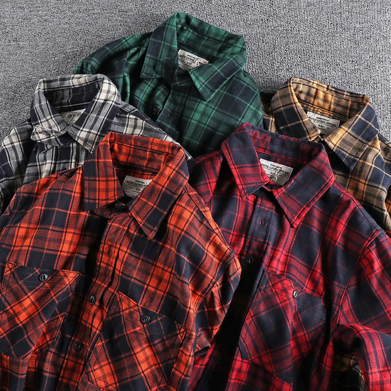 American Casual Wear Men Plaid Shirt Fashion Thickened Double Pocket Work Clothes Long Sleeved Shirt Male Tops Clothes