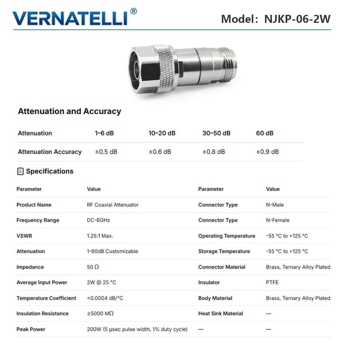 N-Type Male to Female RF Coaxial Fixed Attenuator, DC‑6GHz, 2W, 30dB (1‑60dB Optional)