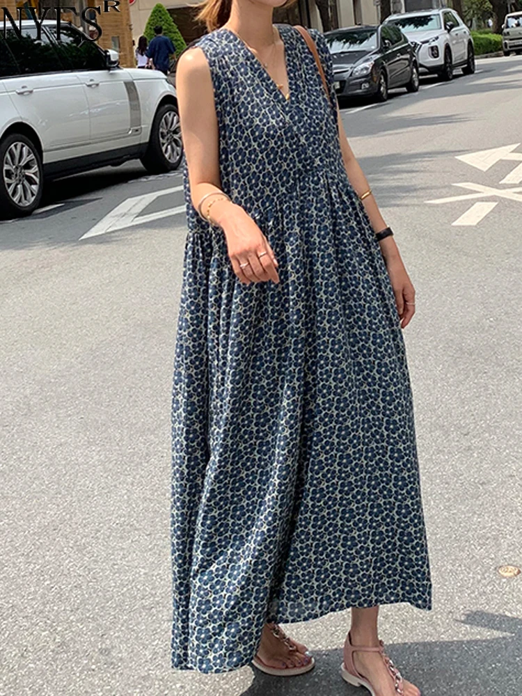 

NYFS 2023 Summer New Korea Woman Dress Vestidos Robe Elbise Loose Plus Size Floral V-neck Simple Print Long Dress