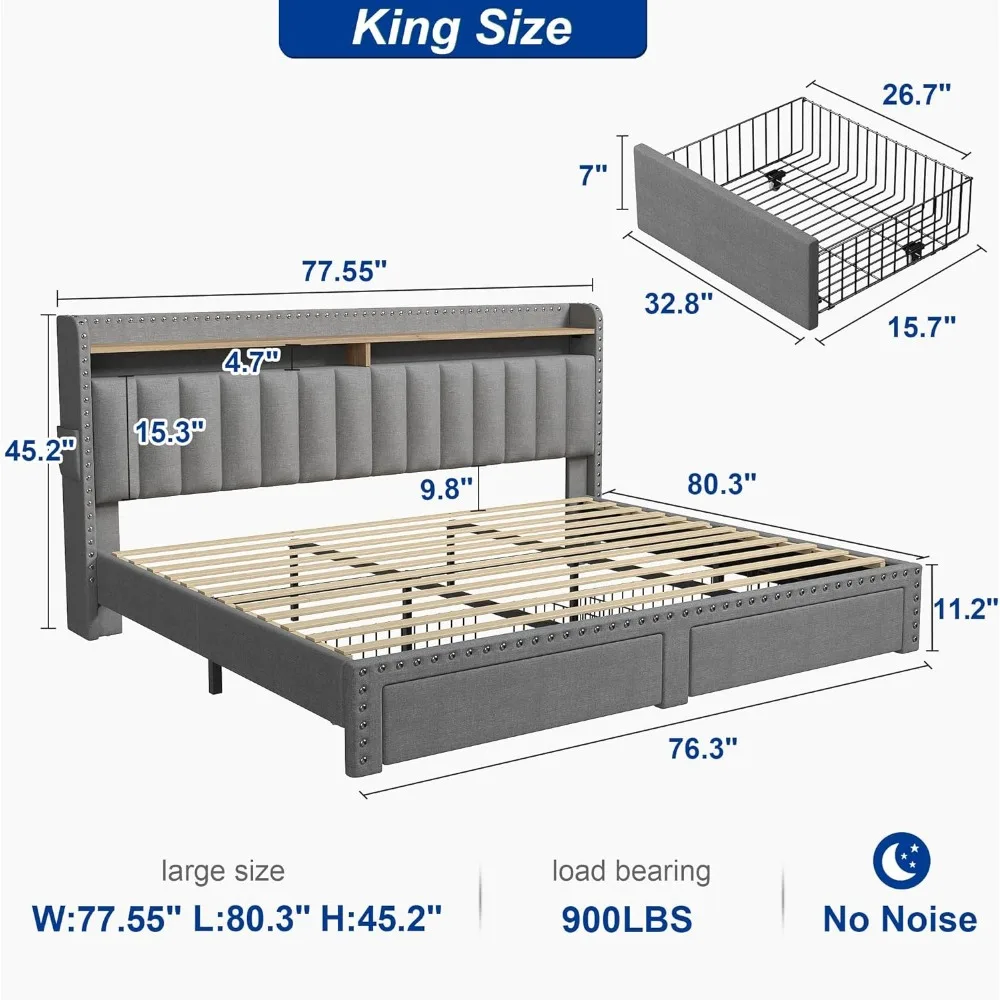 Marco de cama King Size con almacenamiento y cabecero, tapizado, gris, 2 cajones