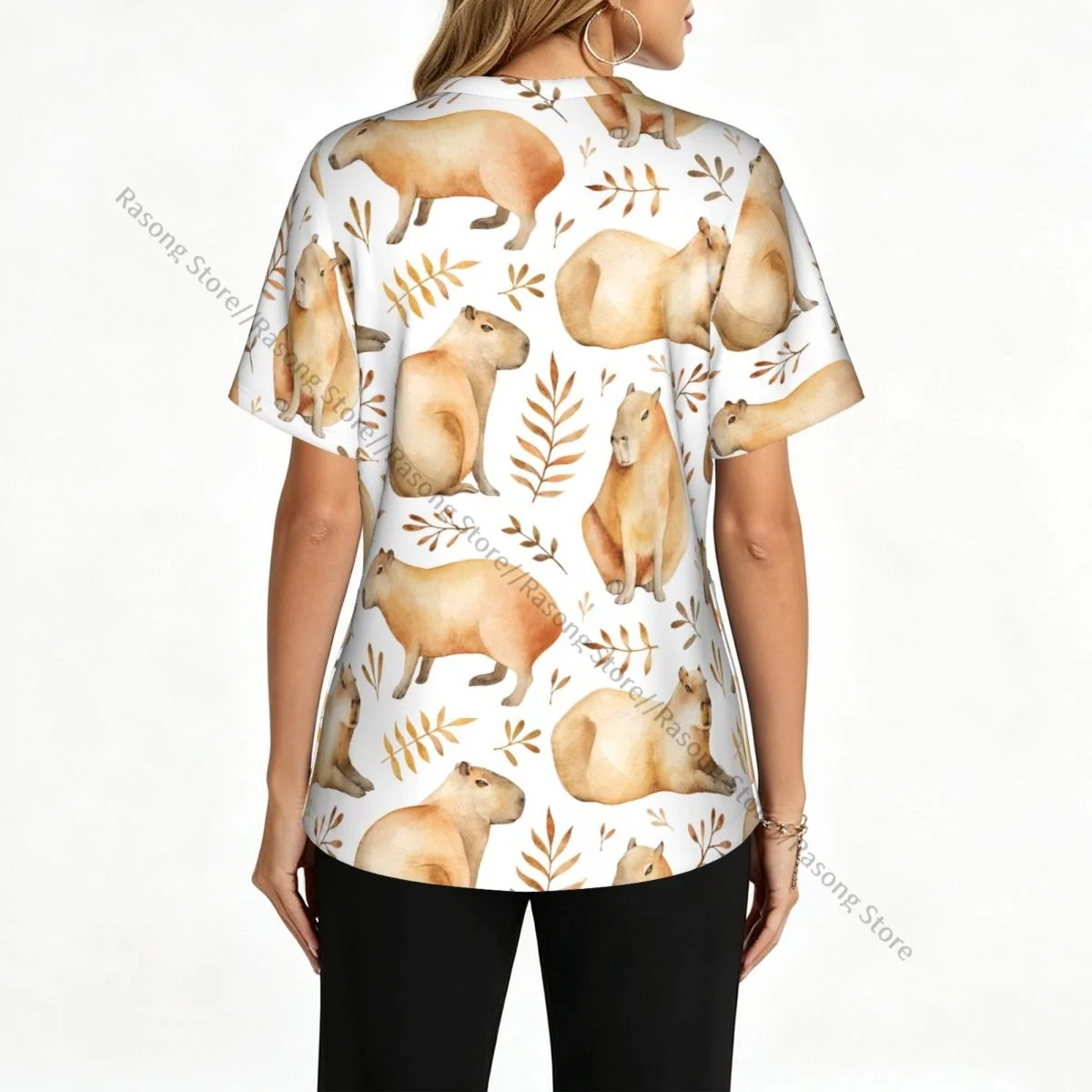 Women's Scrub Tops Short Sleeve Workwear Shirts Fitness Nursing Uniform Capybaras And Leafs Pullover Doctor Nursing Shirt