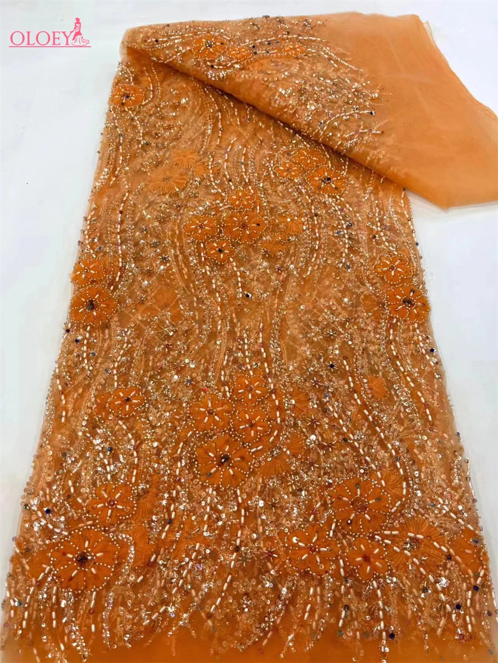 Fashion Elegant French Embroidery Floral Beaded Lace Fabric African Nigerian With Sequins Fabric For Wedding Dress