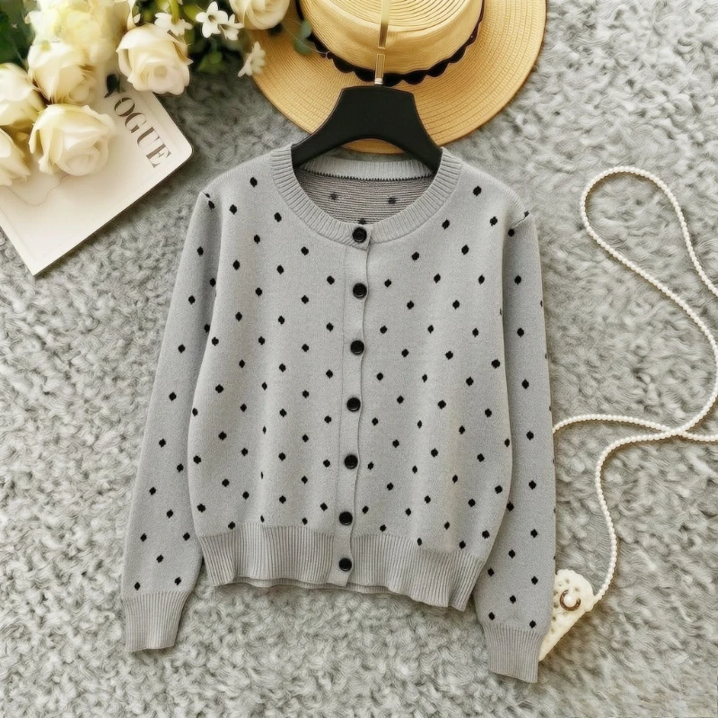 Women Round Neck Polka Dot Knit Cardigan Jacket Black Buttons Elastic Long Sleeve Cropped Casual Ladies Outerwear Coat Top