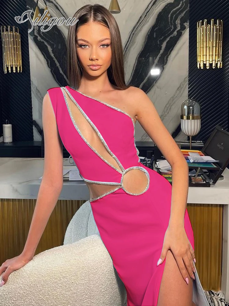 

Ailigou 2022 New Women's Side Slit Party Dress Sexy Backless One Shoulder Sleeveless Hollow Diamond Rose Red Midi Bandage Dress