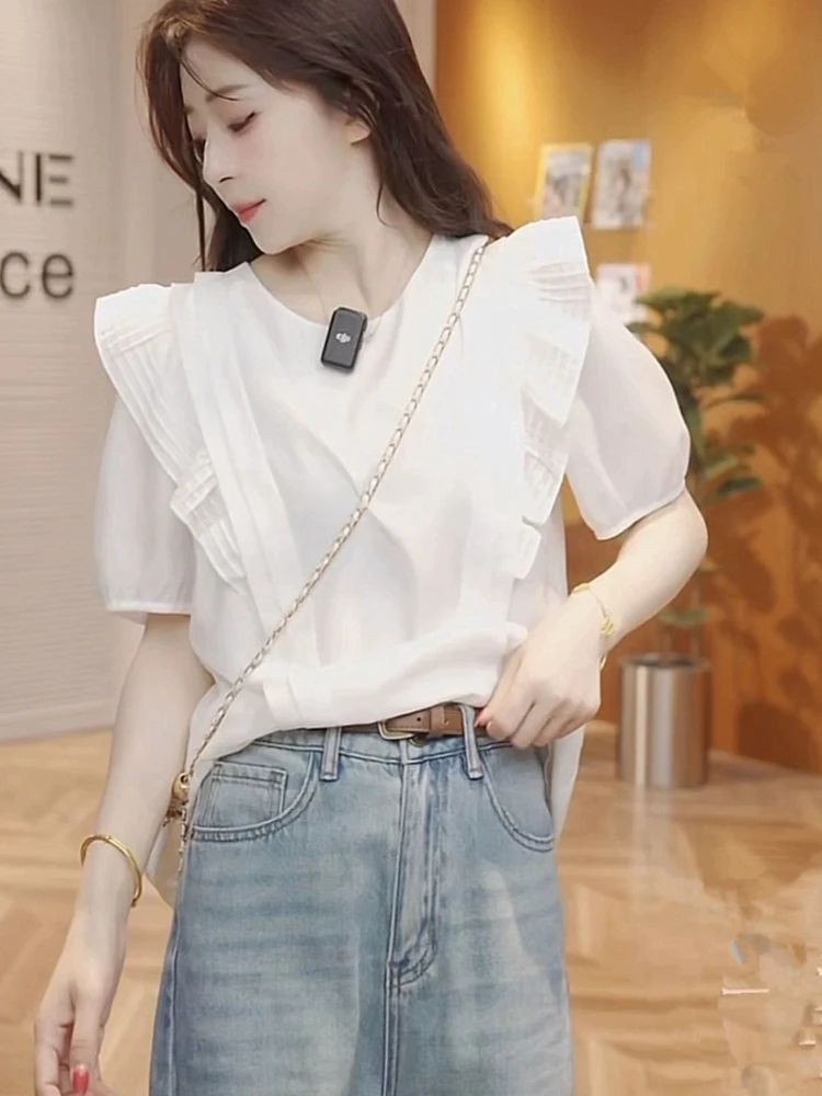 

Лето 2023, свободный повседневный однотонный ор Све, женский топ с каймой и пузырьковым дизайном, круглый топ Ne Top Commute Sle