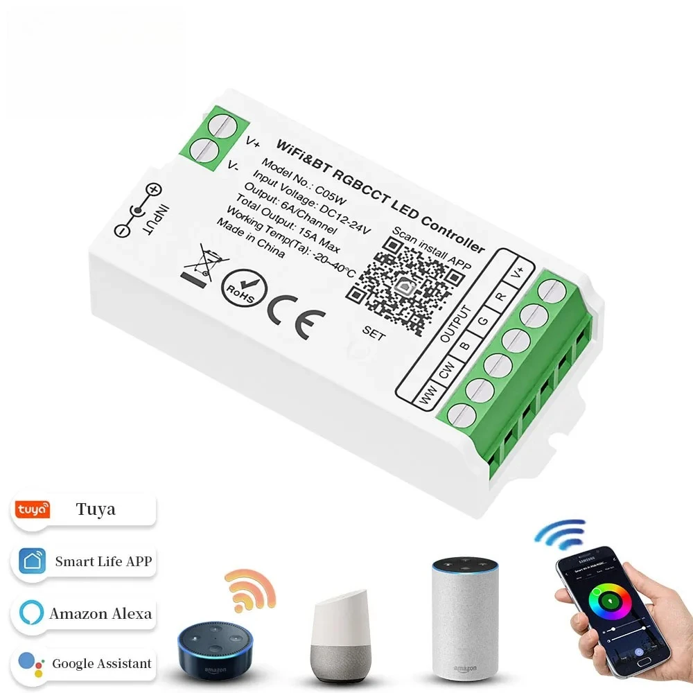 

Светодиодный контроллер Tuya WiFi Alexa Google Home Голосовое управление CCT RGB RGBW Светодиодная лента Smart APP Контроллер BT RF 2.4G Пульт дистанционного управления
