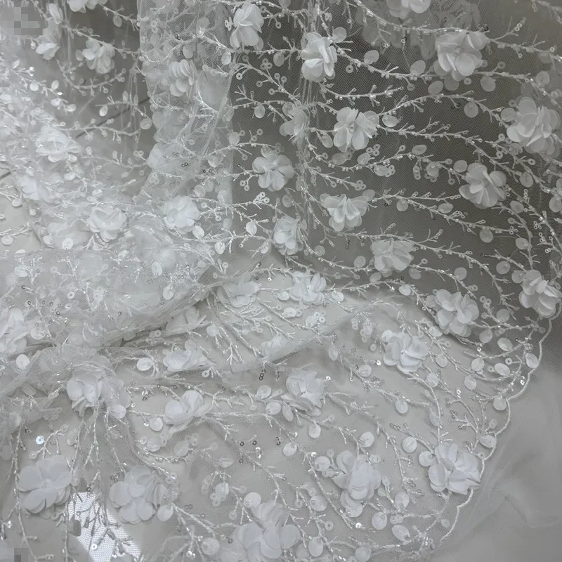 

New Lace Fabric 3D Velvet Flowers Embroidered Branches Beaded Sequins Pearls Embroidery Wedding Dress Evening Gown Formal Clothe