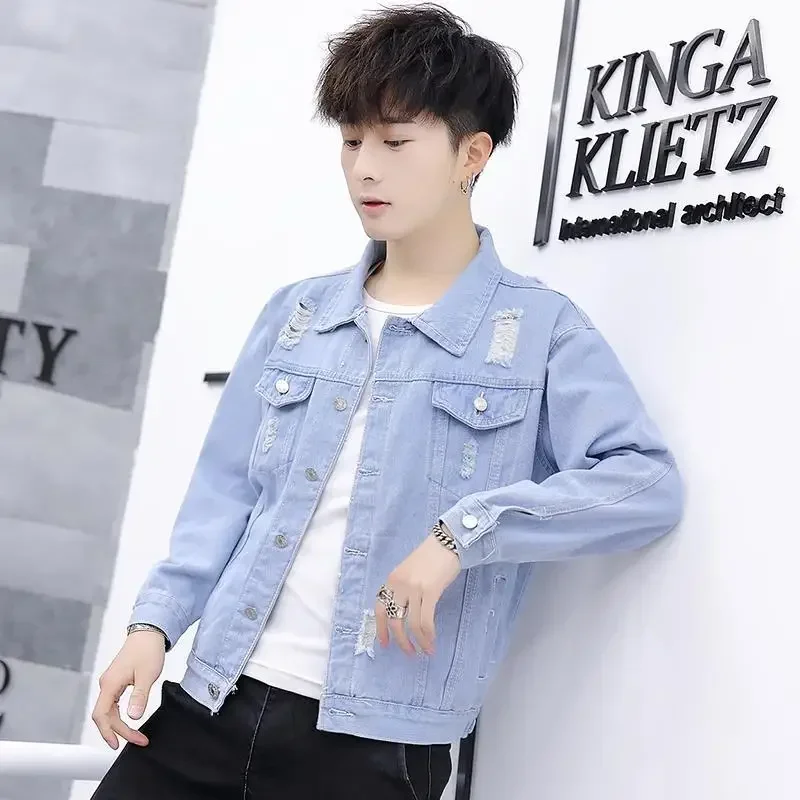 

Jeans Coat for Men with Hole Light Denim Jackets Man Ripped Korea High Quality Fashion Big Size of Fabric Washed Low Cost Casual