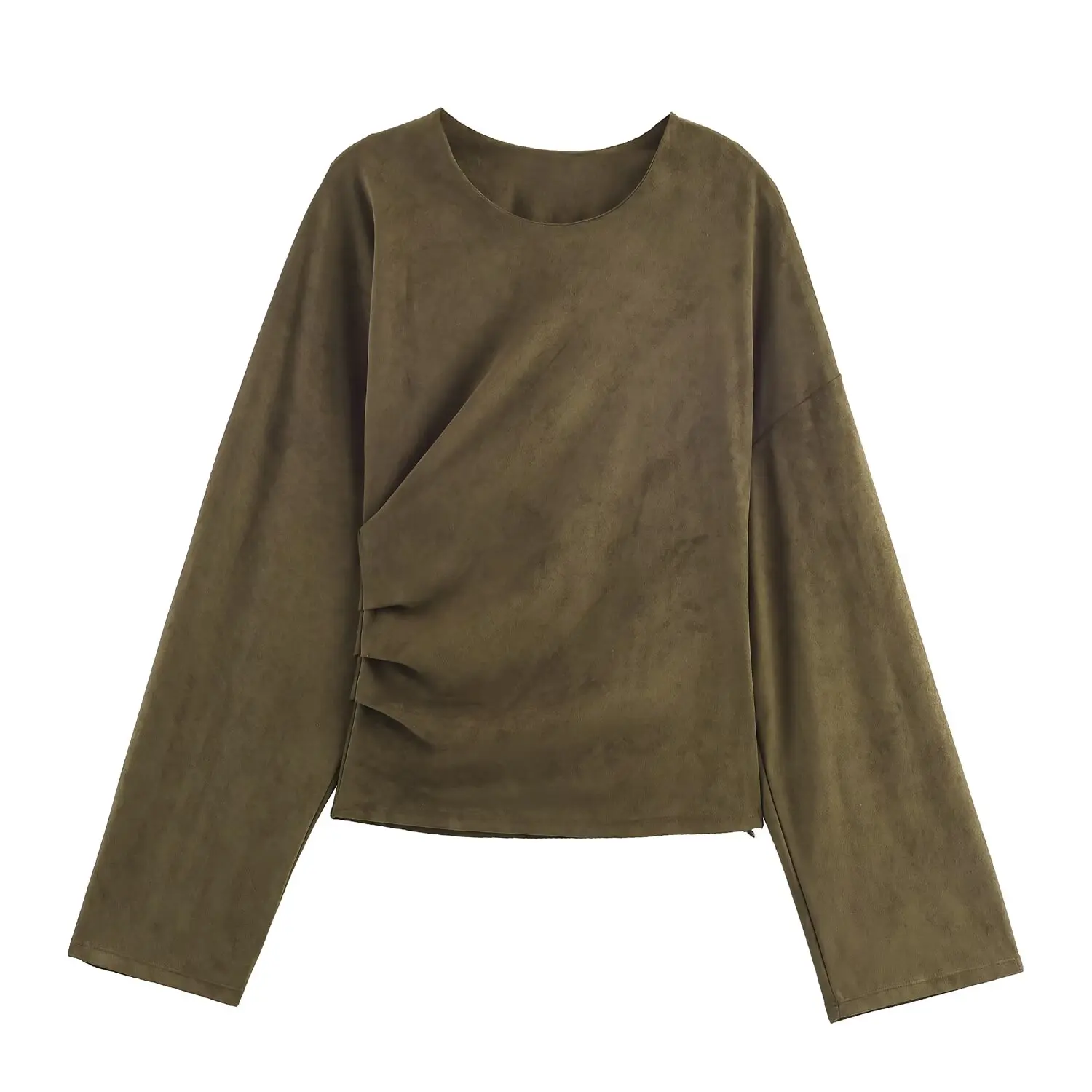 JNLEAOG Autumn New Women's Faux Leather Pleated Top And Pants High Waist Long Trousers Long Sleeve round Neck Fashion Set