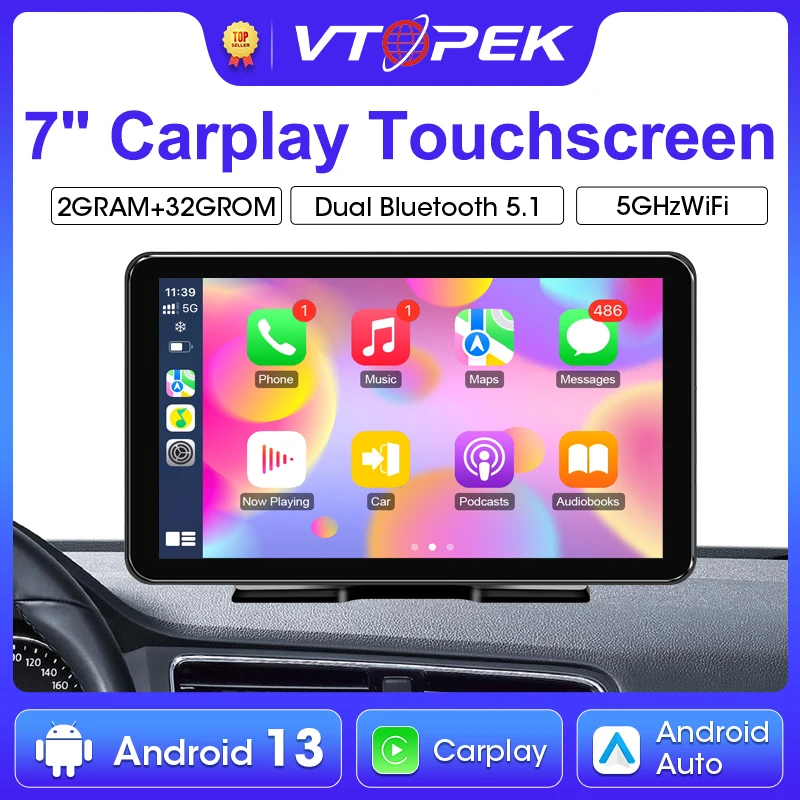 

7-дюймовый портативный экран Carplay Android 13 для автомобиля, беспроводной Carplay Android Auto BT стерео мультимедийный видеоплеер, GPS-навигация
