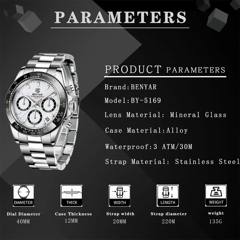 BENYAR 2024 New Watch Men\'s Luxury Brand Chronograph Men\'s Sports Watch Waterproof Stainless Steel Quartz Watch Relojes Hombre