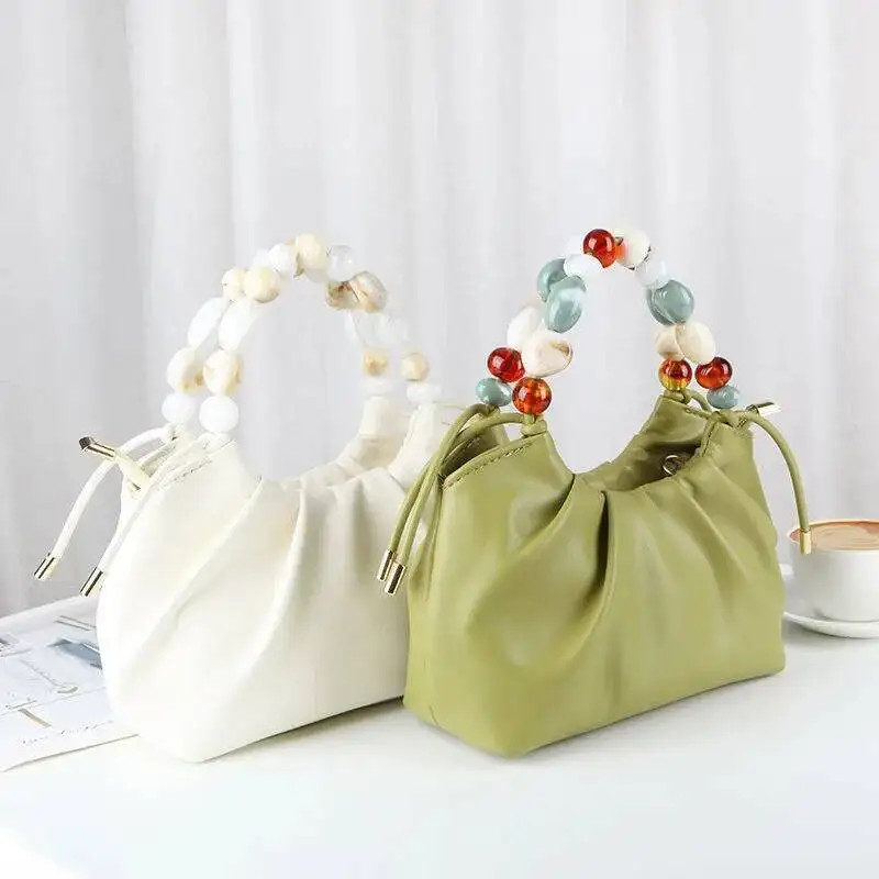 

Bloom Elegant White Hand Purses Women Vintage Leather Beading Messenger Bag Female Haruku Casual Crossbody Bags Purse