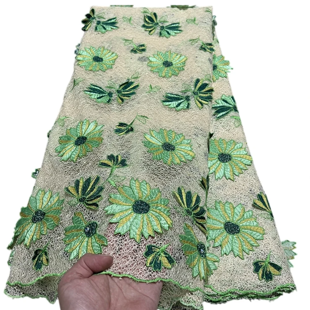 2026 Hochwertiger Afrikanischer Nigerianischer Stickerei-Tüll-Baumwollspitzenstoff für Hochzeits- und Partykleider, Goldenes Damast-Paillettenkleid, 5 Yards Hz1448