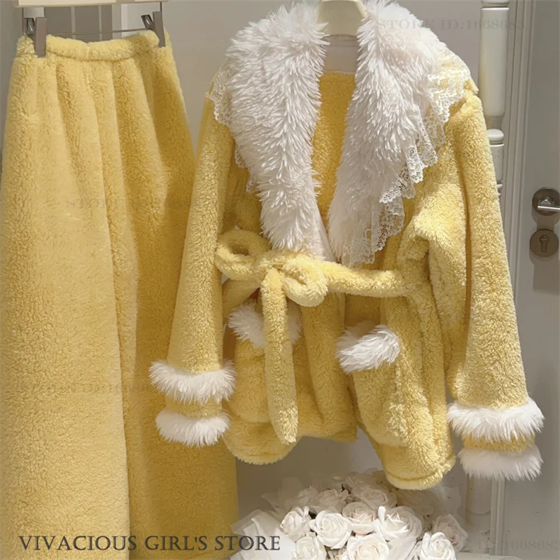 

Thicken Flannel Female 3PCS Pajamas Set Sexy Cami Cardigan Trouser Pijamas Suit Sweet Cute Princess Style Lace Pyjama Homewear