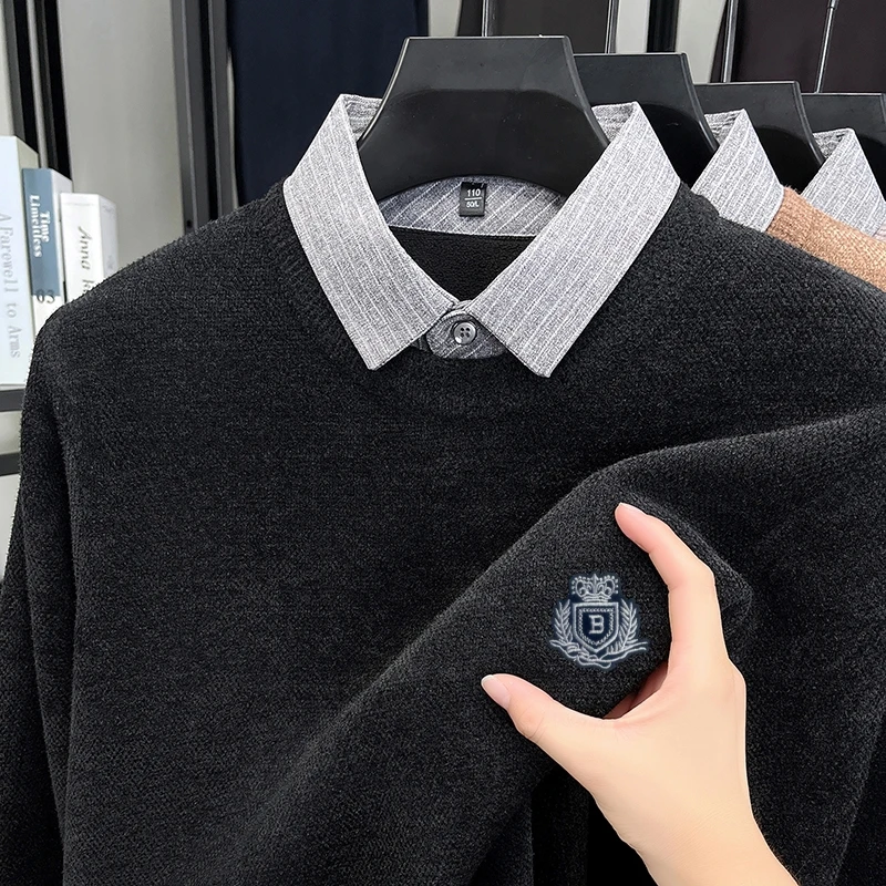 

Luxury Brand Men's Knit Sweater Lapel Wheat Ear Embroidery Fake Two-piece Thicken Pullover Winter Warm Exquisite Casual Menswear