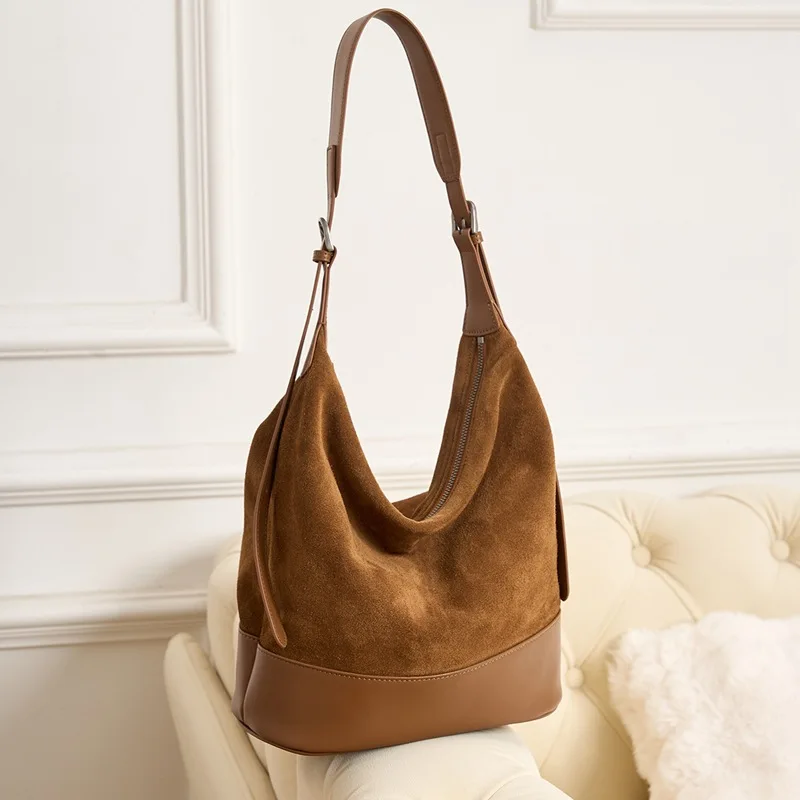 

Genuine Leather Bucket Large Capacity Shoulder Bags Faux Suede Underarm Bag for Women Luxury Handbag Purse Vintage Commuting