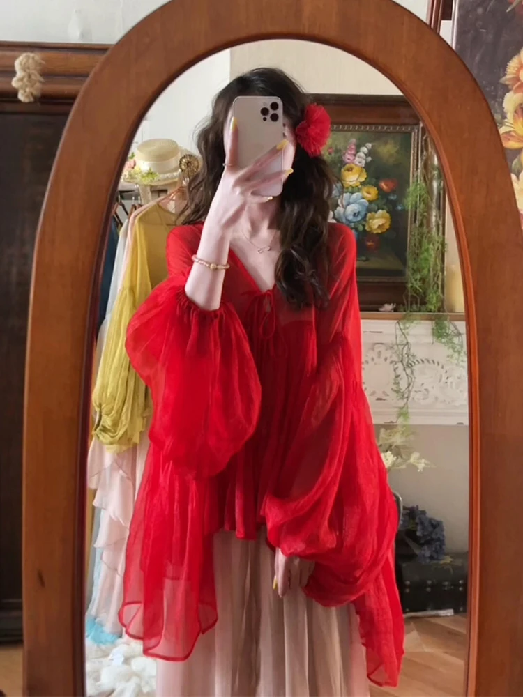 

Red Summer Lightweight Women's Chiffon irt Vaion Sle Durable V-Ne Long Sve Full Coverage Sun Protection Top