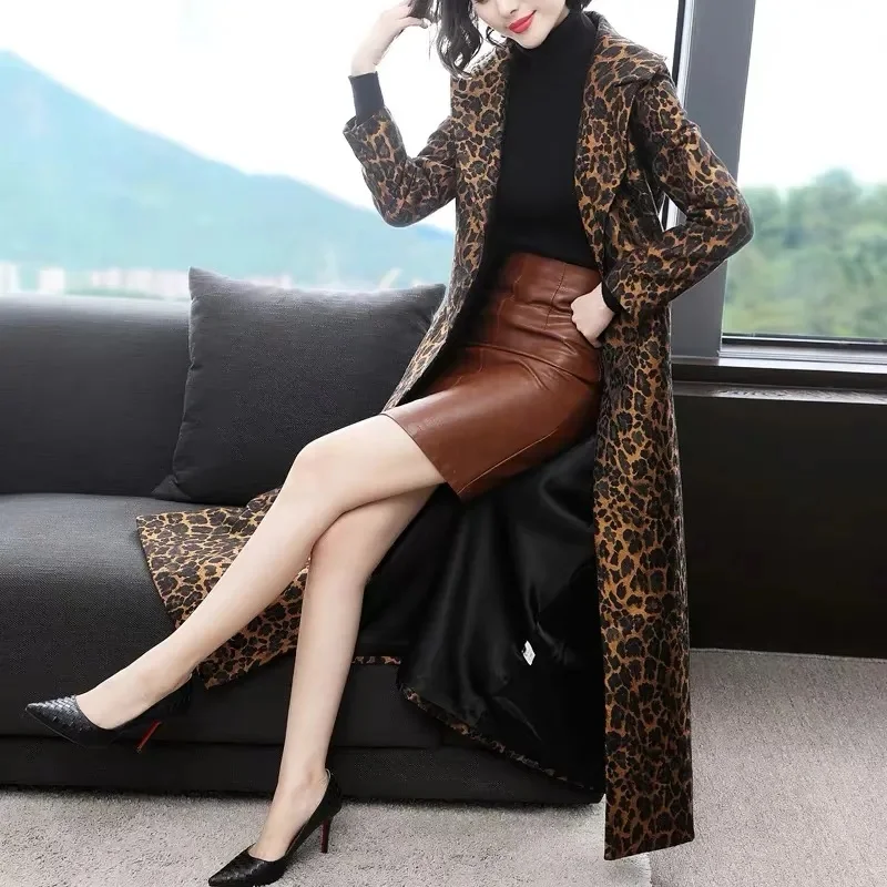 High End Fashion Leopard Coat Women Spring Autumn Korean Slim Long Trench Coat Female Windbreaker With Belt Mother Outwear 4XL