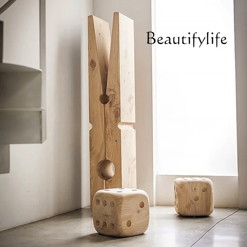 Raw wood pier wabi wind solid wood bench living room carving dice clip homestay designer root carving chair