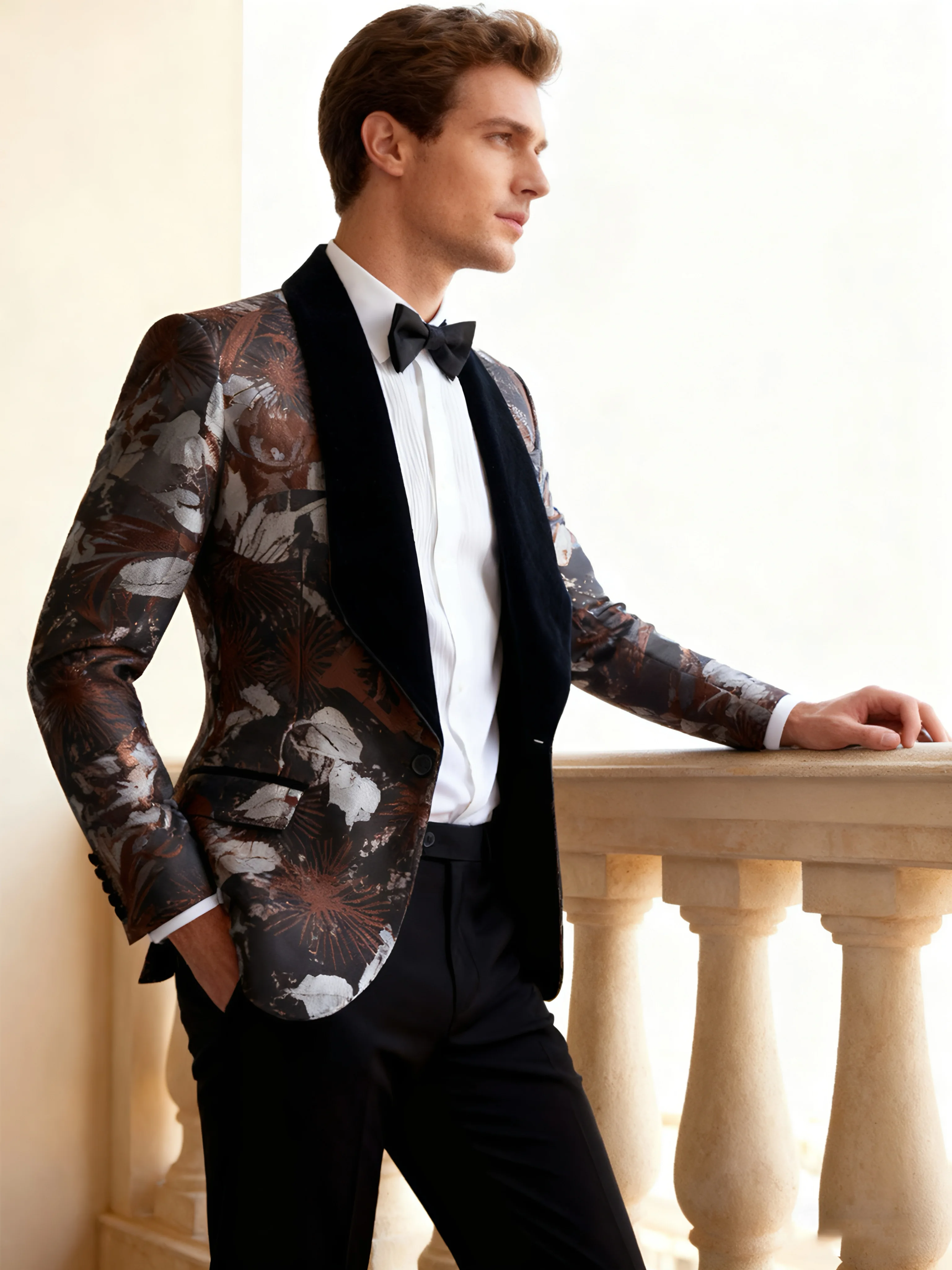 ชุดสูทผู้ชายทรงเข้ารูปสามชิ้น กระดุมเดี่ยว แบบทักซิโด้ เหมาะสำหรับงานแต่งงาน งานเต้นรำ และงานเลี้ยงอาหารค่ำ (เสื้อ+เสื้อกั๊ก+กางเกง)