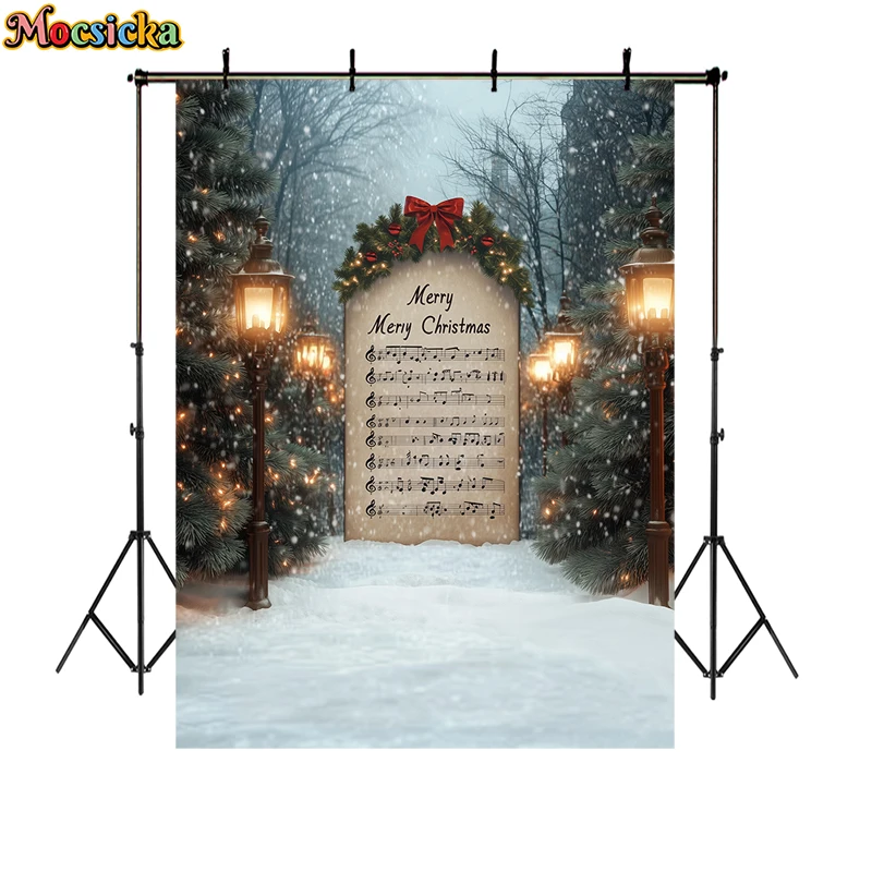 Merry Christmas Photography Backdrops Kids Adult Family Portrait Photo Backgrounds Winter Xmas Tree Sheet Music Decor Props