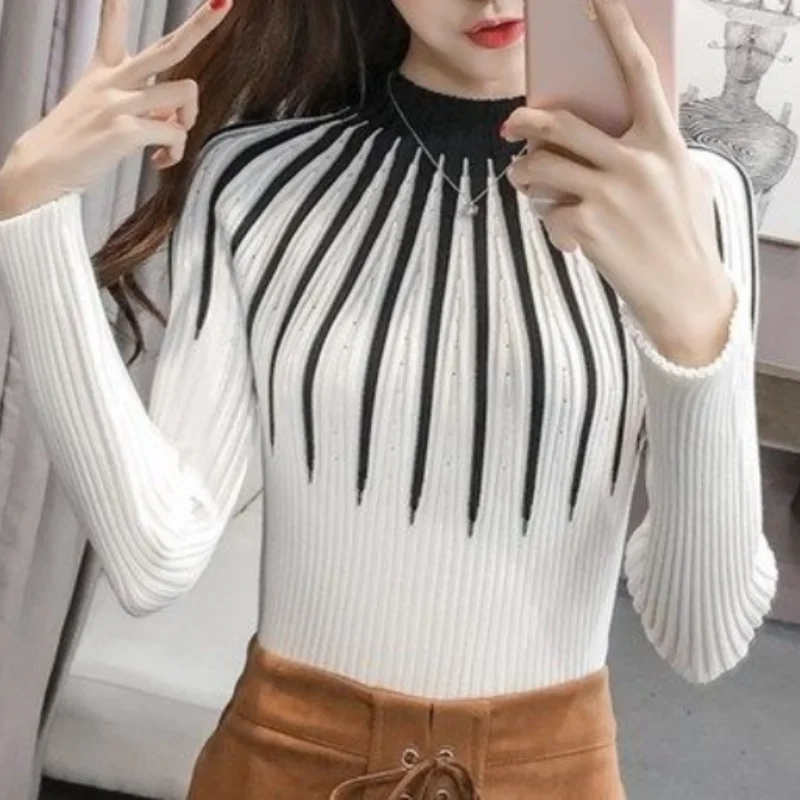 2023 New Casual O-neck Versatile Printing Women Clothing Slim Fit Knitting Fashion Contrasting Colors Long Sleeved Pullovers