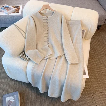 エレガントな O ネックサイドスリットプルオーバー長袖セーター + ワイドレッグパンツ 2 点セットレディース秋無地カジュアルスウェット