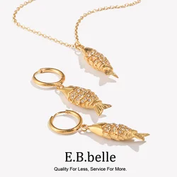E.B.belle Rhinestone Koi Fish Necklace Earring Jewelry Set Stainless Steel Cute Fashion Animal Charm Waterproof 18K Gold Plated