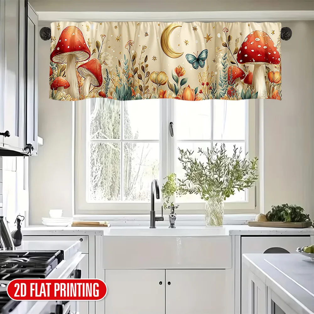 1pc Printing Mushroom Garden with Moon Valance Curtain, Rod Pocket Design, Easy Installation, Suitable for Kitchen, Bathroom view 4