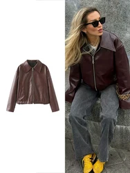 TRAF Women Fashion Chic Patchwork Leather Jacket Retro Lapel Zipper Jacket Autumn and Winter Long Sleeve Pocket Street Jacket