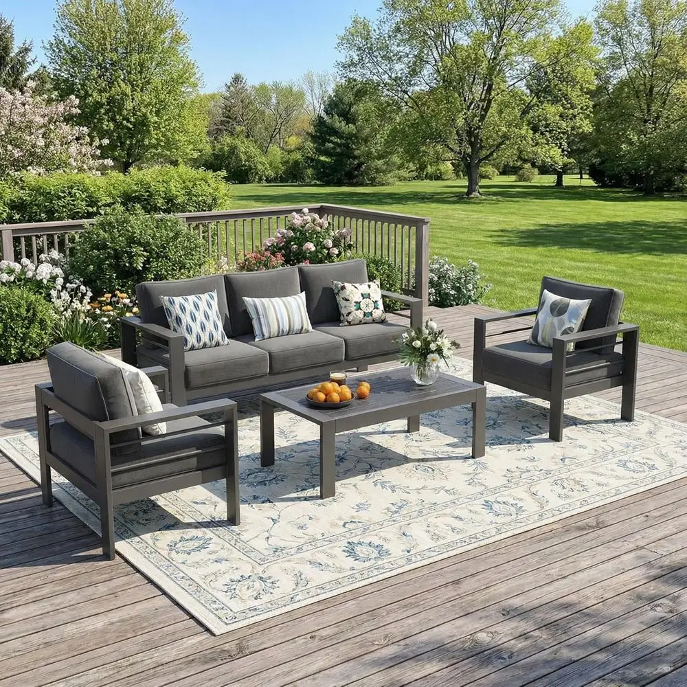 

5-местный серый уличный секционный диван для патио с 5 толстыми подушками и кофейным столиком