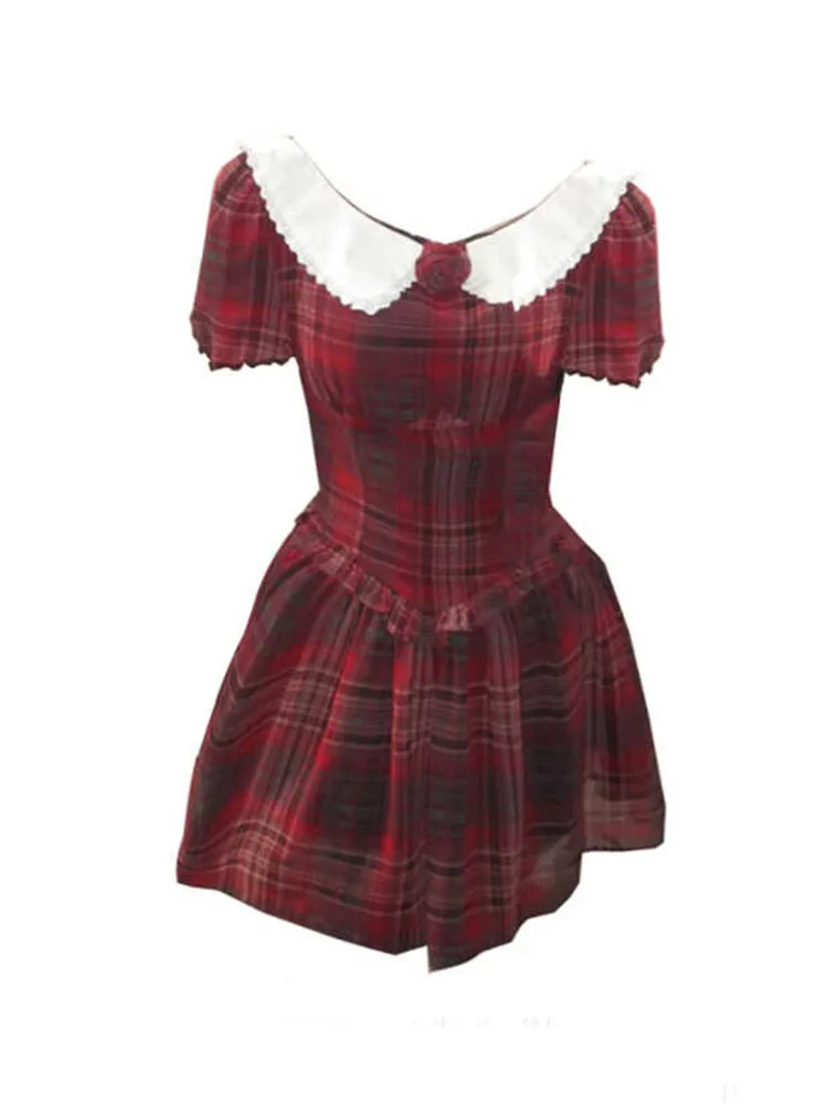 

American Style Y2k Peter Pan Collar Plaid A-line Dress Women Sweet 3D Flower One-Piece Frocks Summer 2024 Elegant Birthday Dress