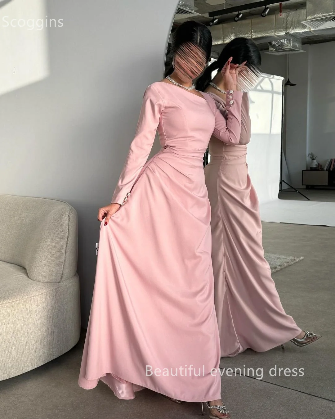 Scoggins Mermaid Floor-Length Long Sleeves Chiffon Scoop Neckline Zipper Up Dubai Evening Dresses Wedding Party Dress Formal Dre