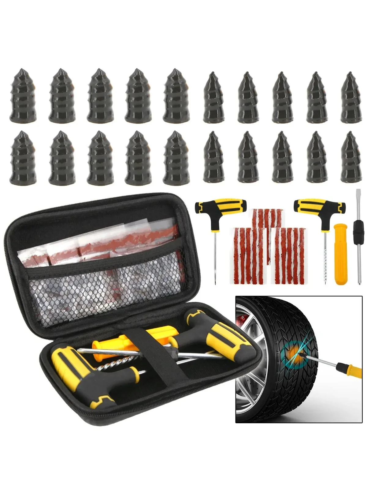 Motorrad-Vakuum-Reifenreparatur-Set mit Nagel, Auto-Reifenreparatur-Werkzeugset mit EVA-Aufbewahrungskoffer, Gummi-Reifenreparatur-Set für Schlauchlose Reifen