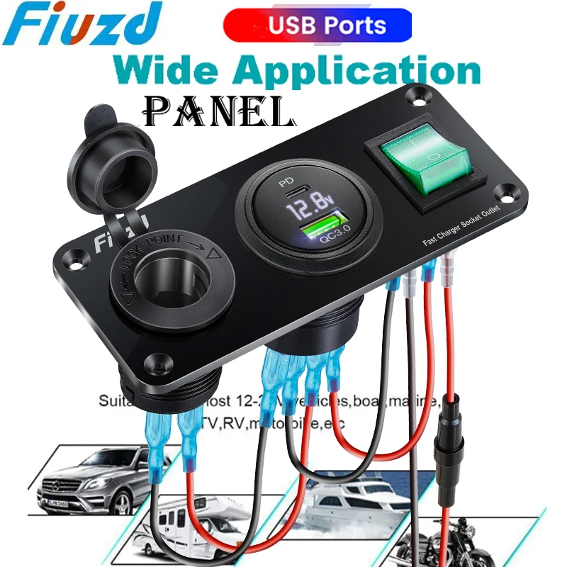 12/24V USB C Outlet Panel QC3.0 Car Charger Socket with Voltage Meter Quick Charge 3.0 Socket Power Outlet for 12V/24V Motorcyc