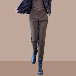Autumn and Winter Women's Solid Colors Slim Button Chic Halun Pants High Waist Woolen Appear Thin Fashion Commuter Trousers