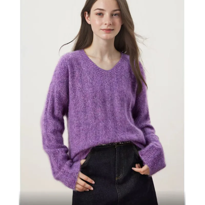 

Winter Cashmere Wool Knitted Sweater Women V-neck Soft Warm Long Sleeve Basic Pullovers