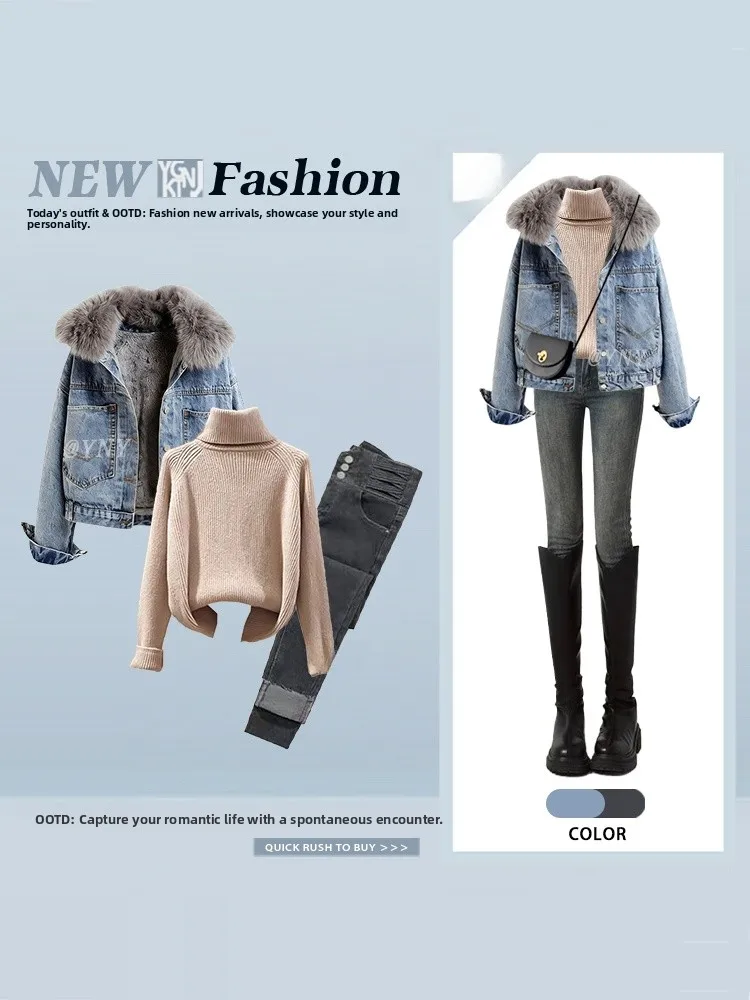 

Denim Cotton Jaet And Pants Set Women's Winter Thiened Faux Fur Collar High Collar Sweater Slim Fit Jeans Tee Piece Set